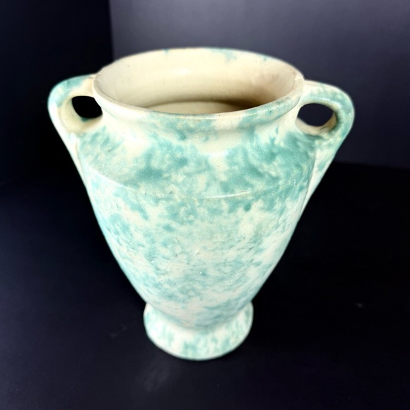 VTG Burley Winter 1930s Arts Deco Pottery Mottled Cream Teal Blue Ceramic Vase